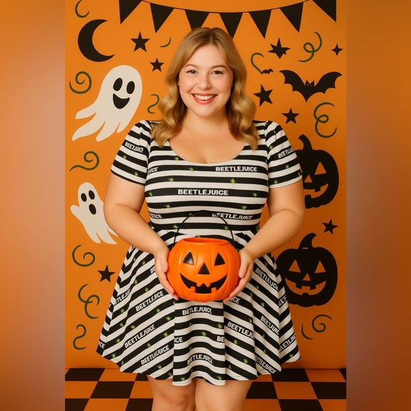 Unique Vintage x Beetlejuice Black & White Stripes & Bugs Halloween Dress, NWT! - Picture 14 of 16